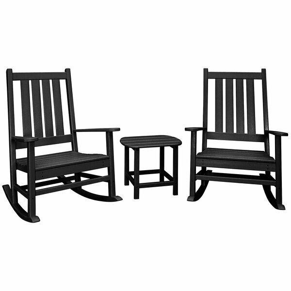Polywood Vineyard Black Patio Set with South Beach Side Table and 2 Rocking Chairs 633PWS3551BL